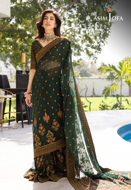 Asim Jofa Bottle Green Pure Chiffon Most Beautiful Pakistani Saree Wedding Season 2024