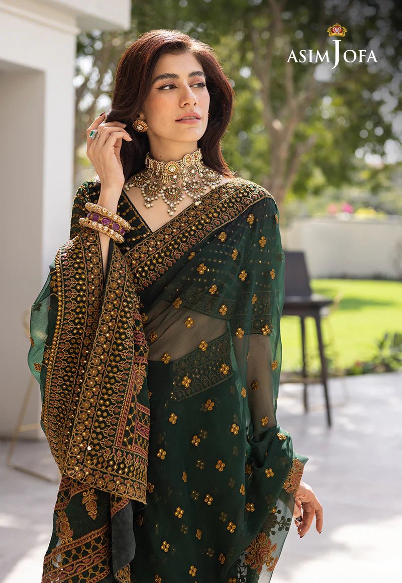 Asim Jofa Bottle Green Pure Chiffon Most Beautiful Pakistani Saree Wedding Season 2024