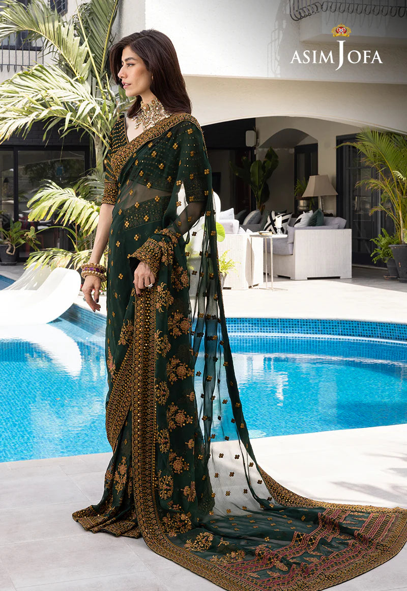 Asim Jofa Bottle Green Pure Chiffon Most Beautiful Pakistani Saree Wedding Season 2024