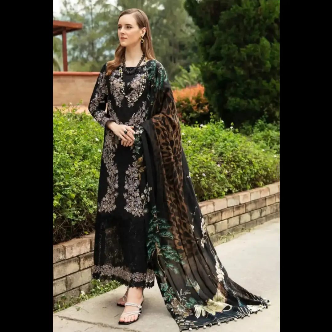 WEARZA MOST DEMANDED ARTICLE BLACKISH BEAUTY PREMIUM PURE CHIKANKARI LAWN WITH DIGITAL SILK DUPPATA 2024 - Wearza