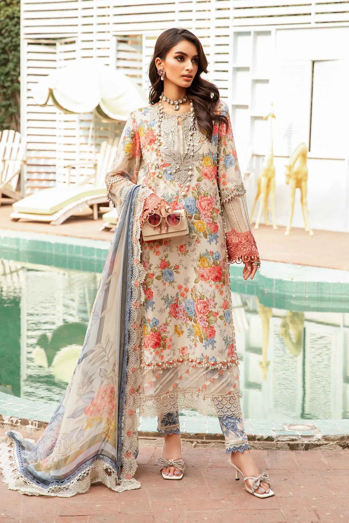 Maria B M Print Wz-445 Premium Pure Digital Printed Lawn WIth Chiffon Duppata Summer Collection 2024 WEARZA