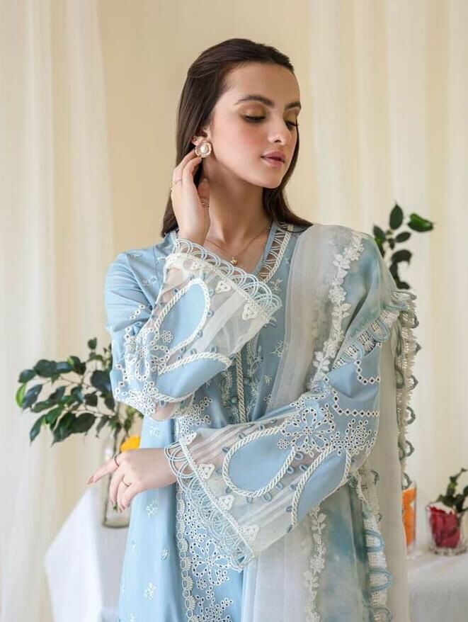 QALAMQAR X WEARZA PREMIUM PURE LAWN COTTON WITH ORGANZA DUPPATA DRESS 2024 - Wearza