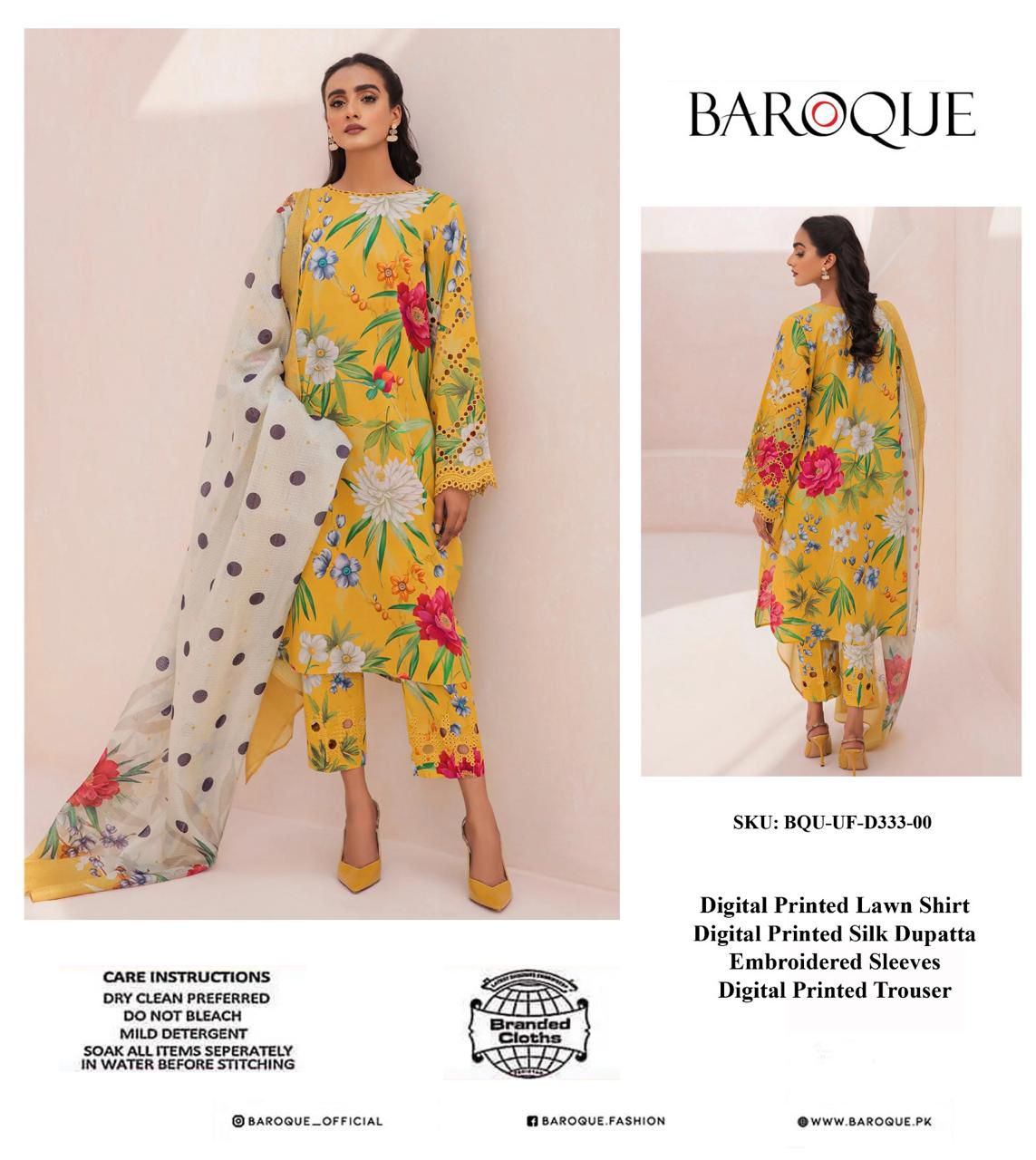 Baroque X Wearza Wz-090 Most Hit Code Premium Pure Digital Lawn With Silk Duppata 2024 - Wearza