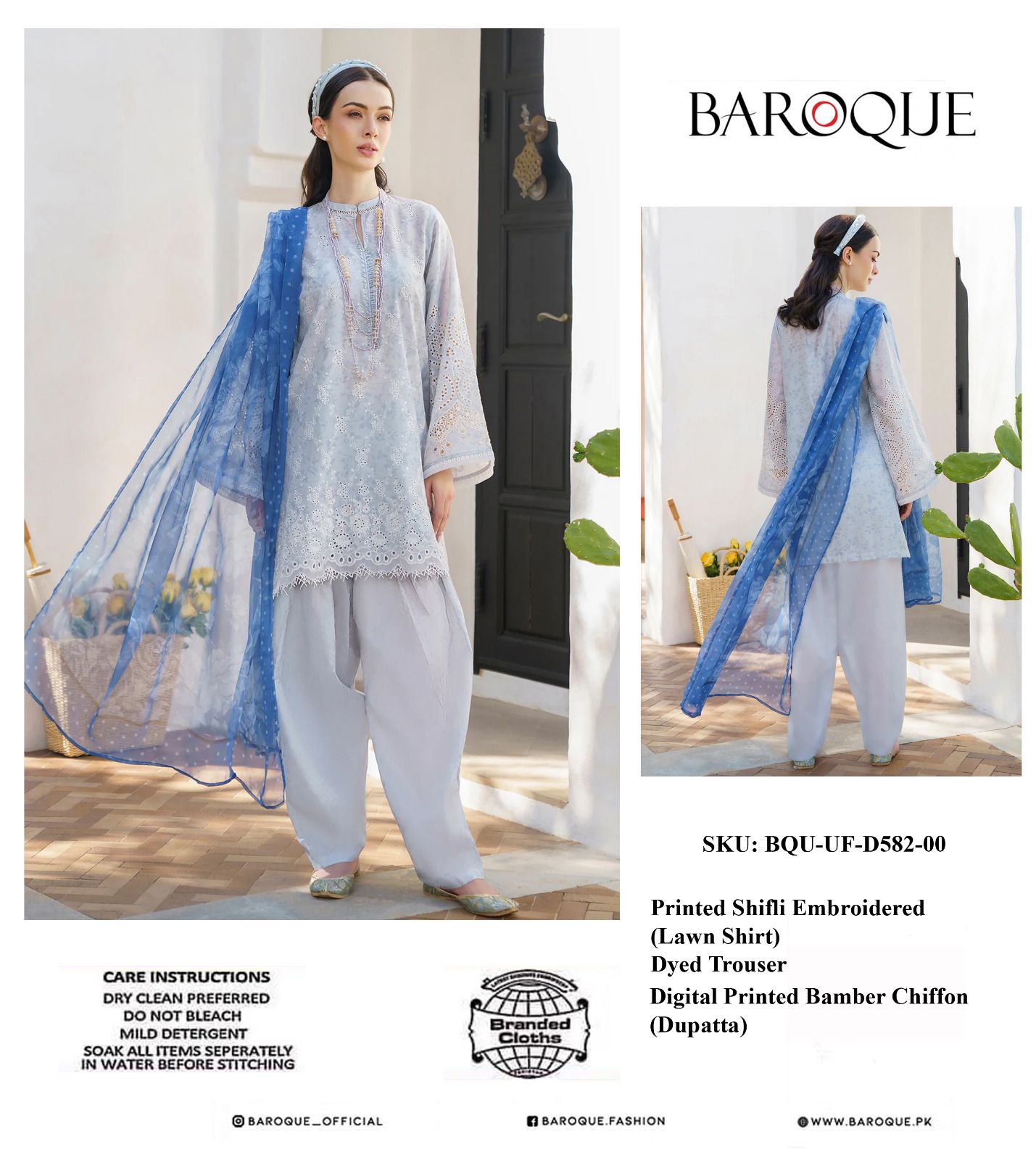 Baroque Wz-320 Premium Pure Lawn Digital Printed Emb With Pure Chiffon Duppata 2024 Wearza