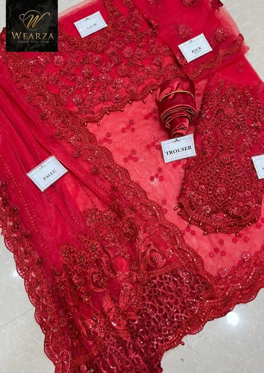 Maria-B Couture Red Beauty Saree 3D Flower Work (100% Soft Net & Silk ) - Wearza