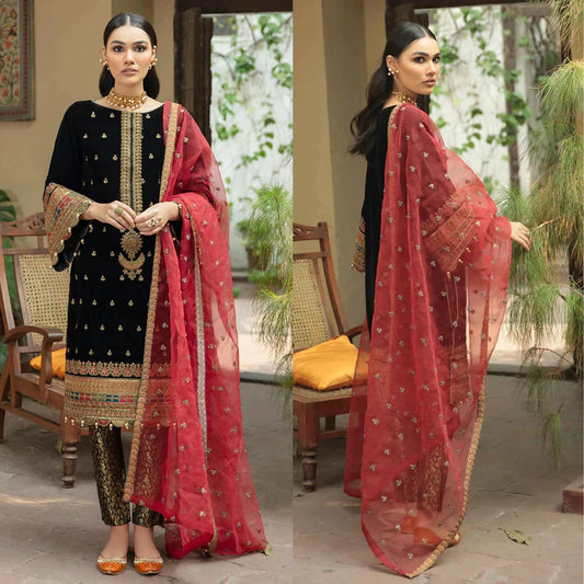 WEARZA® VELVET MICRO 5000 EMBROIDERED SUIT WITH ORGANZA DUPPATA - Wearza