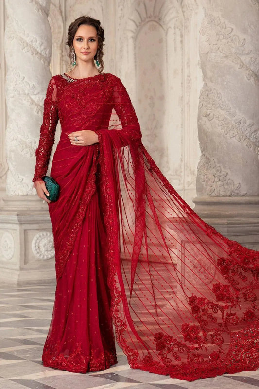 Maria-B Couture Red Beauty Saree 3D Flower Work (100% Soft Net & Silk ) - Wearza