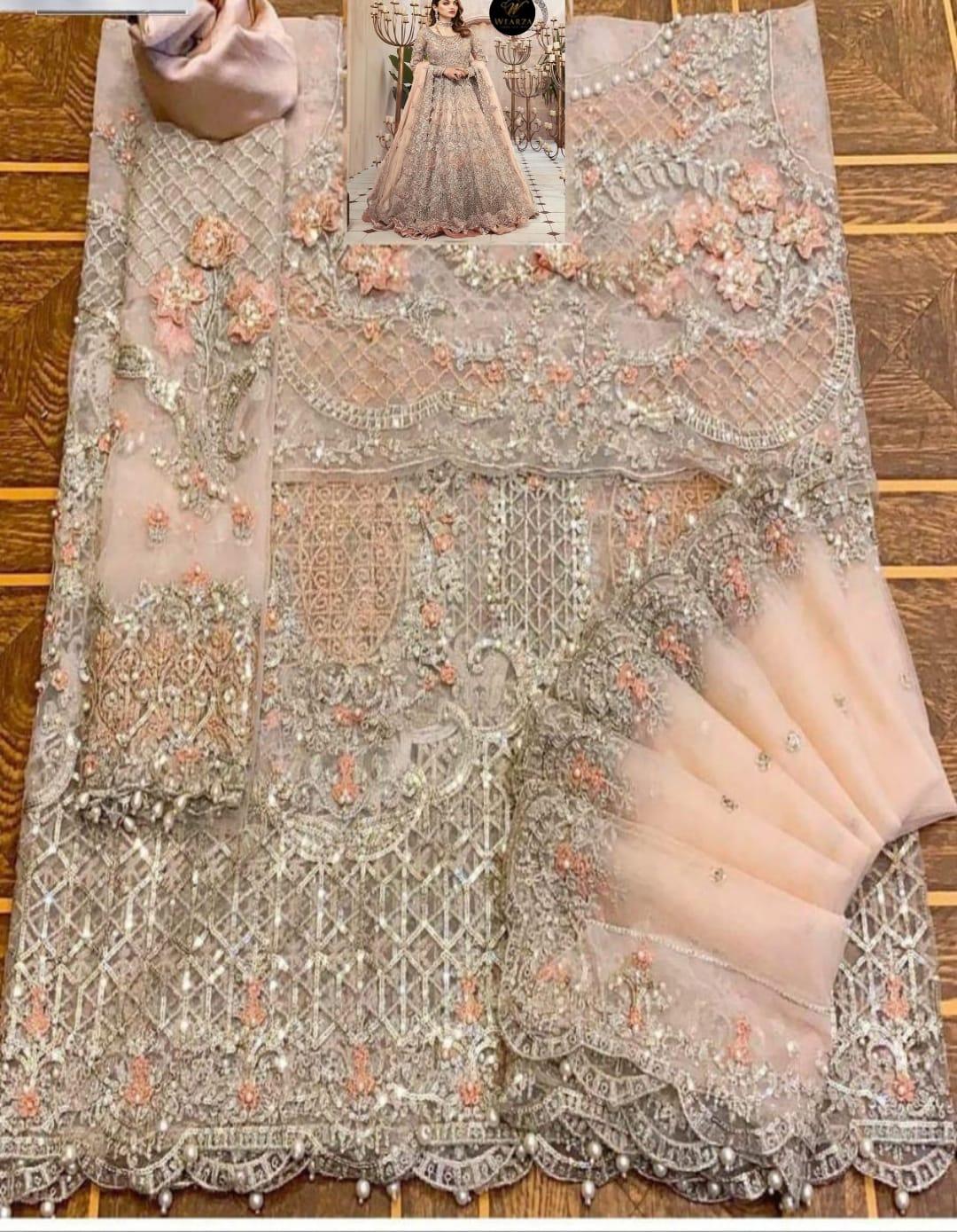 Maria b (Handmade) Luxury Wedding Suit With 3d Flower Work (Soft Net With Silk) - Wearza