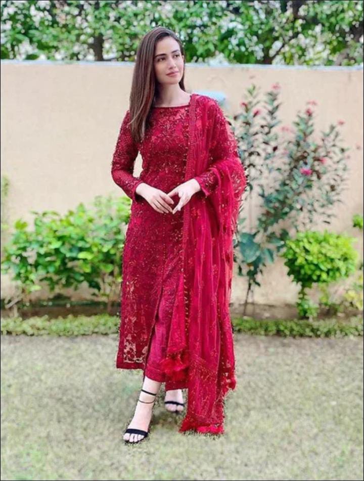 SANA JAWED RED 100% SOFT NET EMBROIDERED HANDWORK MOST HIT ARTICLE 2023 - Wearza