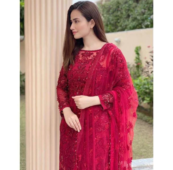 SANA JAWED RED 100% SOFT NET EMBROIDERED HANDWORK MOST HIT ARTICLE 2023 - Wearza