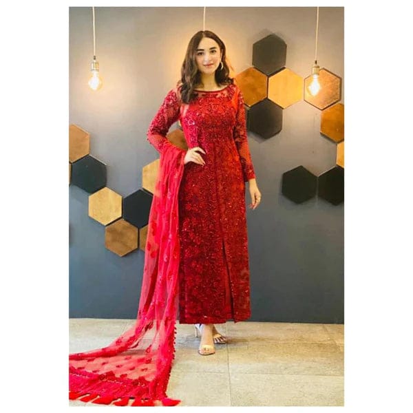 SANA JAWED RED 100% SOFT NET EMBROIDERED HANDWORK MOST HIT ARTICLE 2023 - Wearza