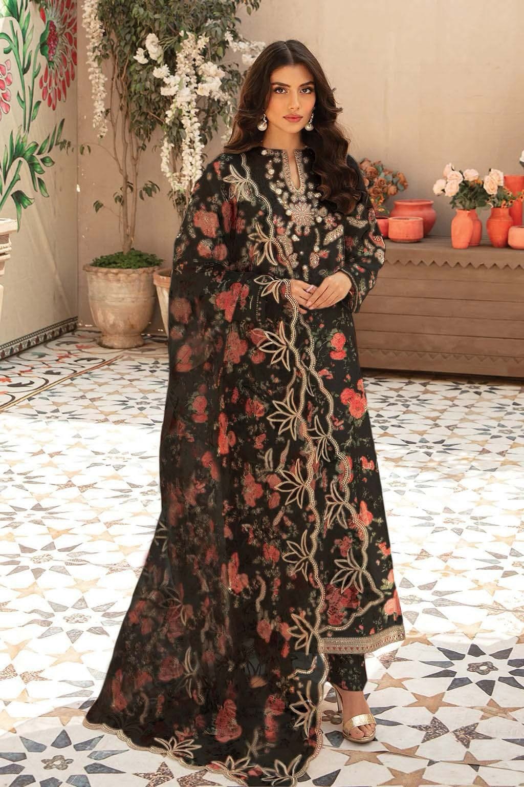 VANIYA EMBROIDERED FLORAL PREMIUM PURE LAWN WITH PURE ORGANZA DUPPATA 2024 - Wearza