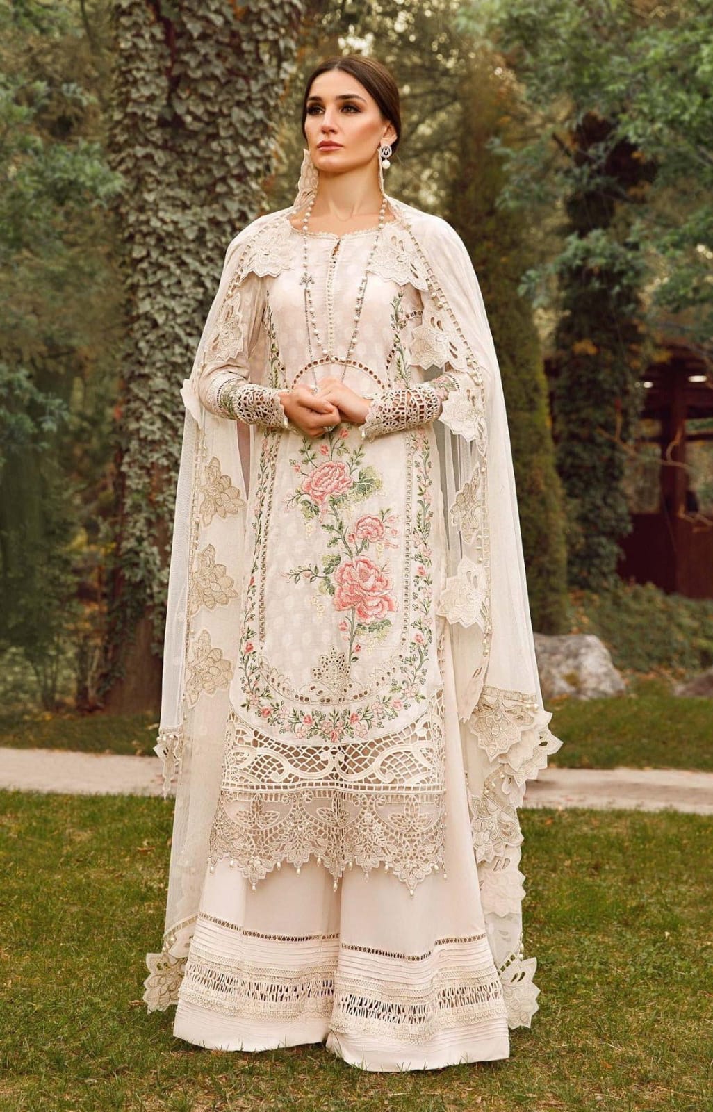 WEARZA OFF WHITE FULLY CUTWORK EMBROIDERED LAWN WITH PURE CHIFFON DUPPATA - Wearza