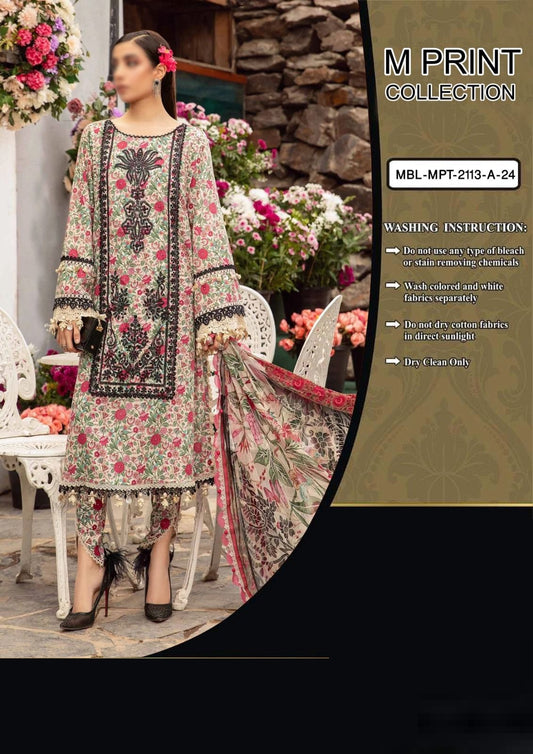 MB M PRINT FLORAL PREMIUM PURE LAWN WITH CHIFFON PRINTED CHIFFON 2024 - Wearza