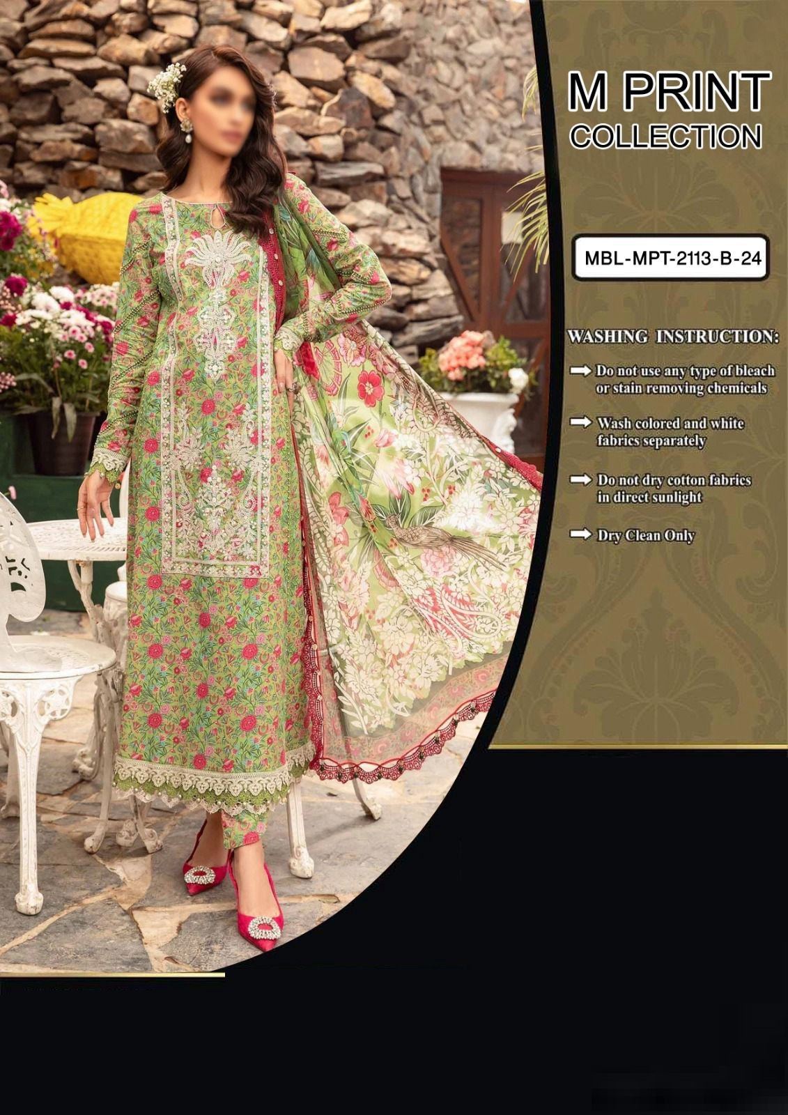 MB M PRINT FLORAL PREMIUM PURE LAWN WITH CHIFFON PRINTED CHIFFON 2024 - Wearza