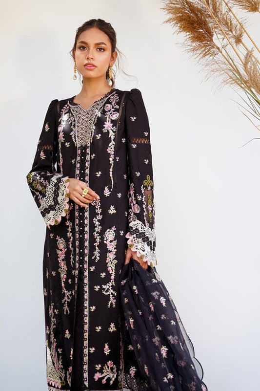 QALAMKAR BLACK MOST HOT CODE PUREMIUM PURE LAWN WITH ORGANZA EMB DUPPATA 2024 - Wearza