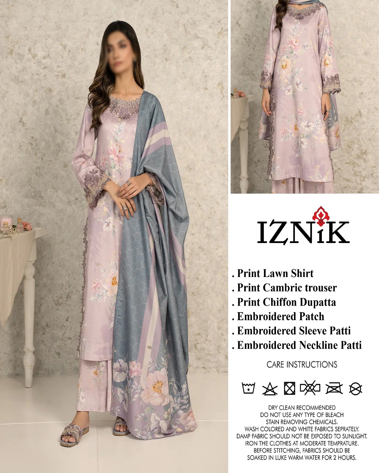 WEARZA X IZNIK PRINTED PREMIUM PURE LAWN CHIFFON PRINTED DUPPATA 2024 - Wearza