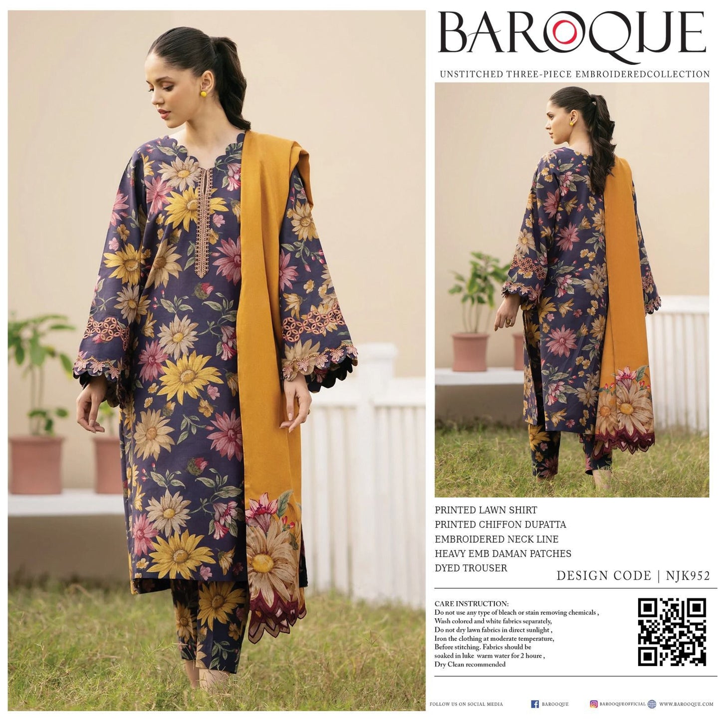 Baroque X Wearza Digitral Printed Lawn With Chiffon Duppata 2024 - Wearza