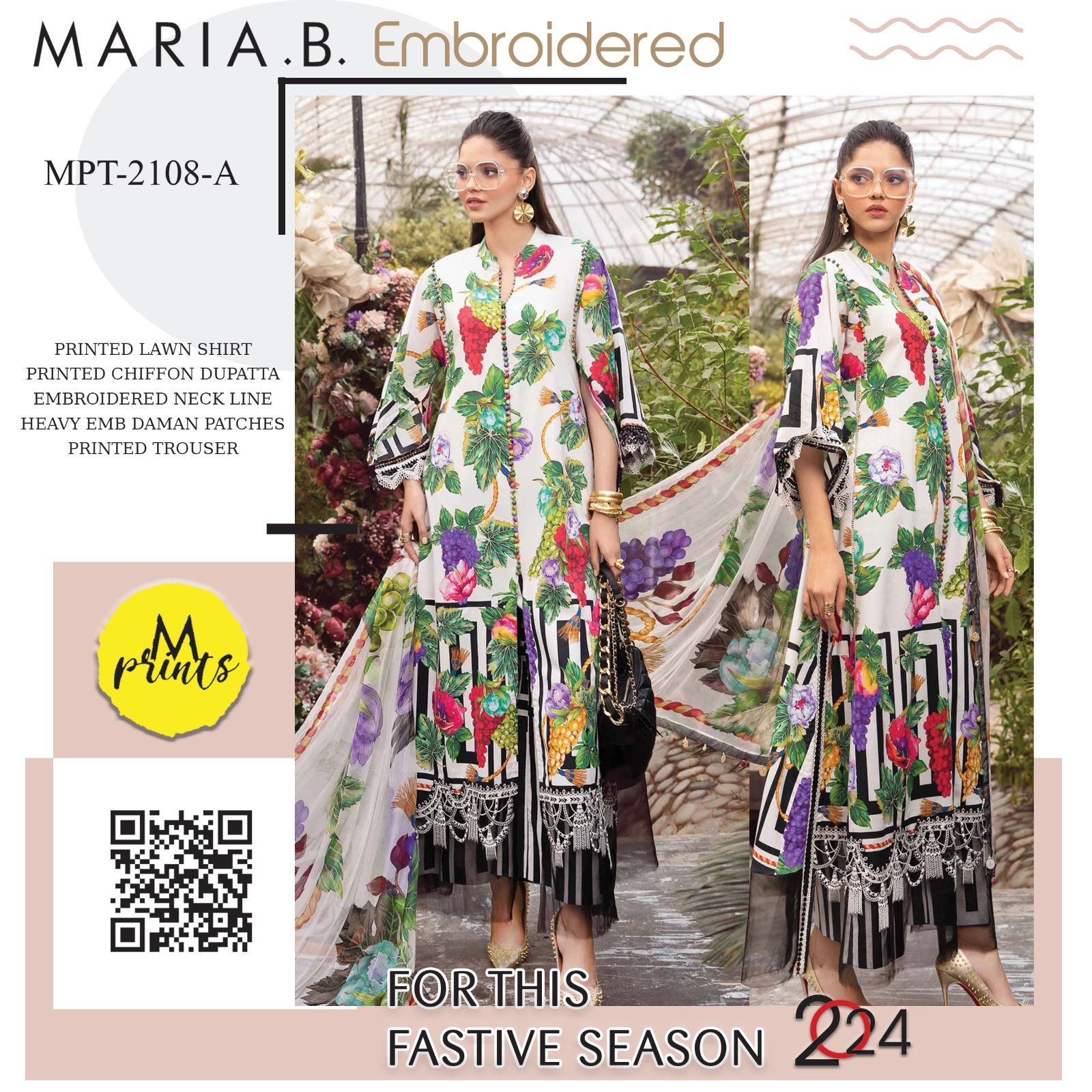 MARIA B X WEARZA DIGITRAL PRINTED LAWN WITH CHIFFON DUPPATA 2024 - Wearza