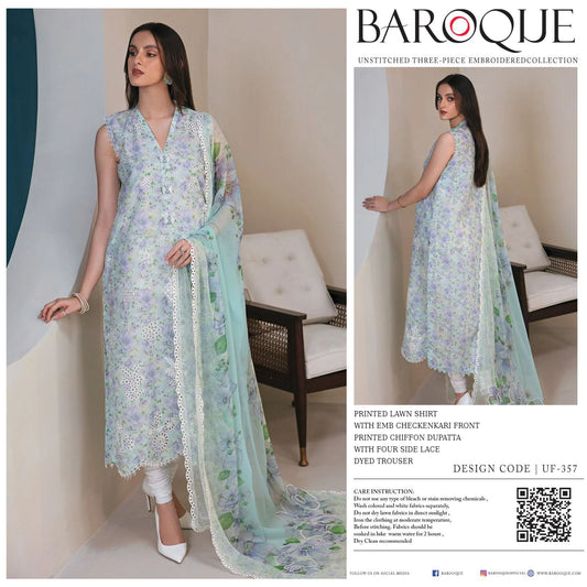 Baroque Floral Premium Pure Chikankari Lawn With Digital Printed Chiffon Duppata 2024 - Wearza