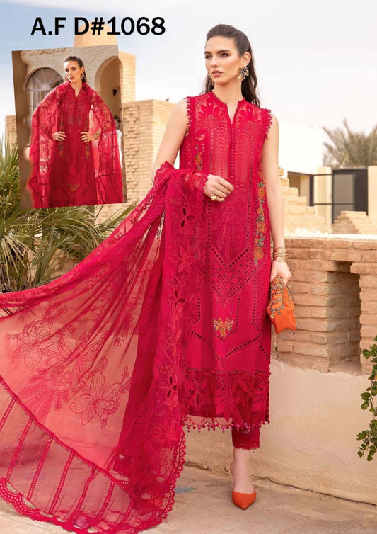 MARIA B X WEARZA RED BEAUTY PREMIUM PURE CHIKANKARI LAWN WITH PURE ORGANZA DUPPATA 2024 - Wearza