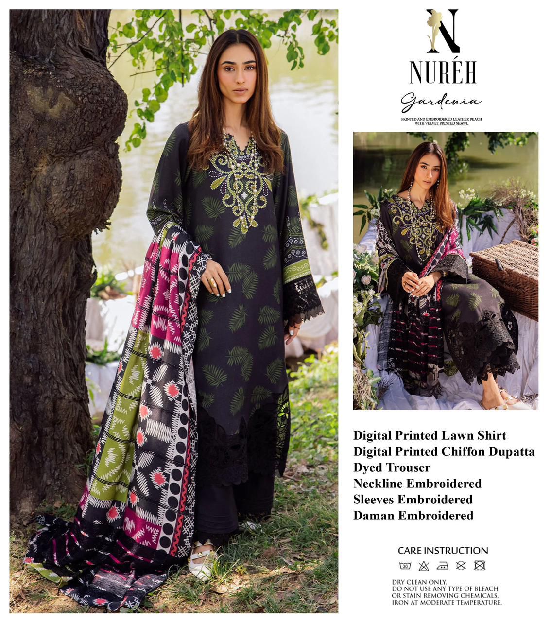 NUREH BLACK GARDENIA PREMIUM PRINTED PURE LAWN WITH CHIFFON DUPPATA 2024 - Wearza