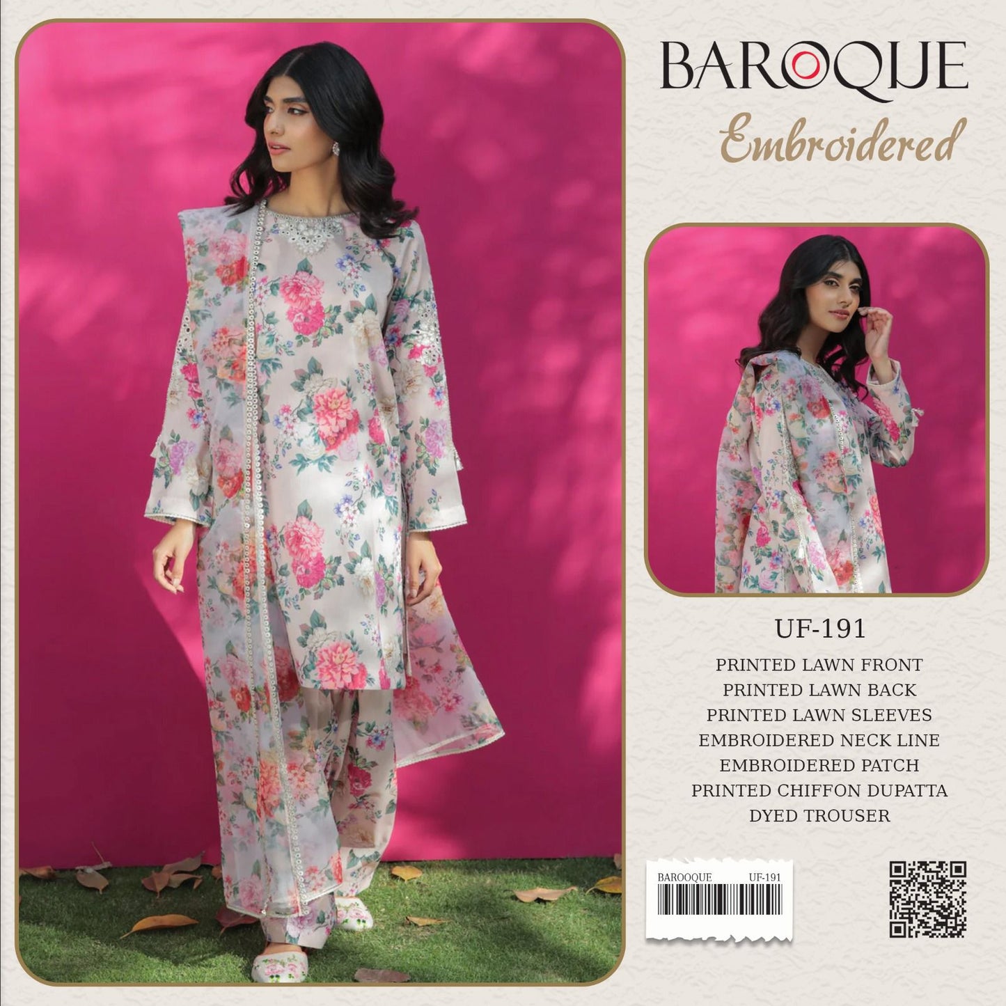 Baroque Lavai Premium Pure Printed Lawn With Soft Chiffon Duppata 2024 - Wearza