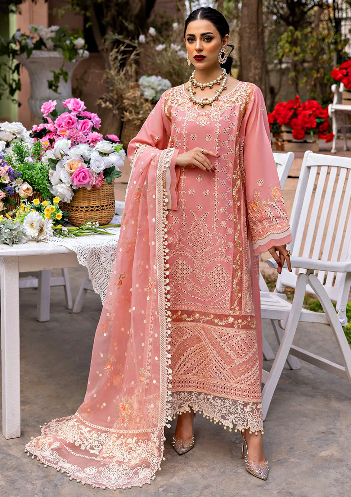 Bin Ilyas Newly Launched Pink & Sky Chikankari Demanding With Organza Duppata 2024 - Wearza