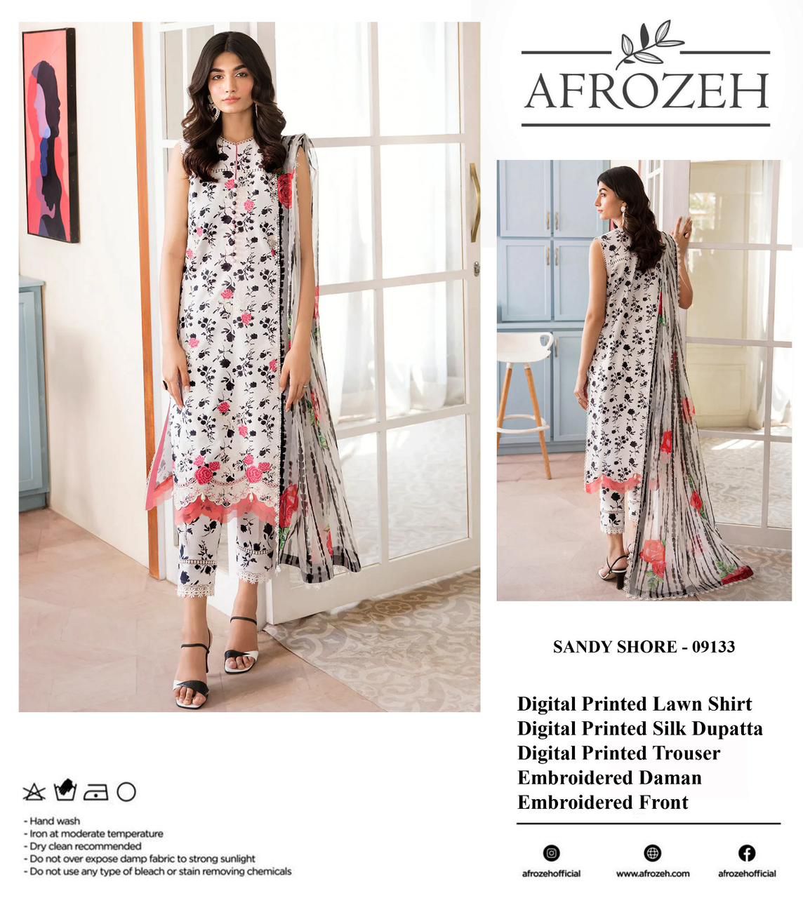 Afrozeh Sandy Shore Premium Pure Lawn With Digital Printed Silk Duppata 2024 - Wearza