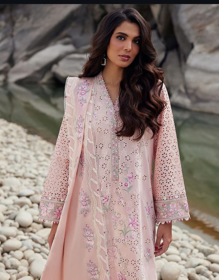 Elan X Wearza Moe Te Pinkish Luxury Premium Pure Chikenkari Lawn With Organza Duppata 2024 - Wearza