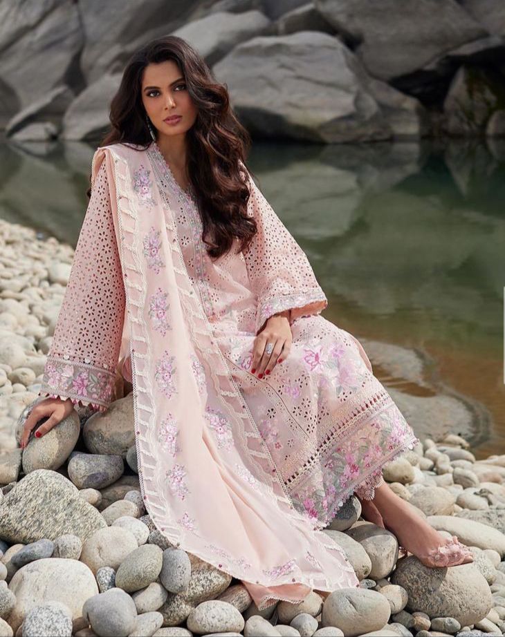 Elan X Wearza Moe Te Pinkish Luxury Premium Pure Chikenkari Lawn With Organza Duppata 2024 - Wearza