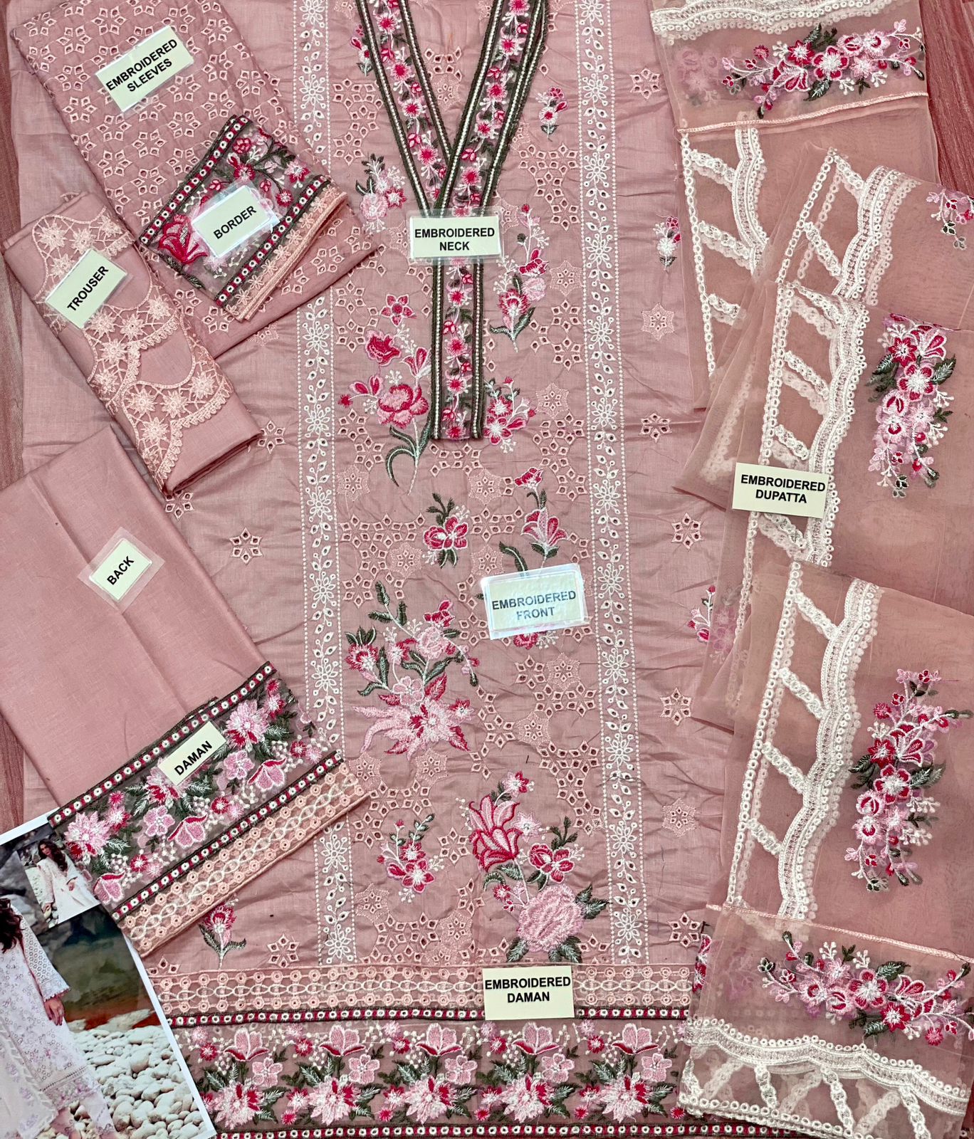 Elan X Wearza Moe Te Pinkish Luxury Premium Pure Chikenkari Lawn With Organza Duppata 2024 - Wearza