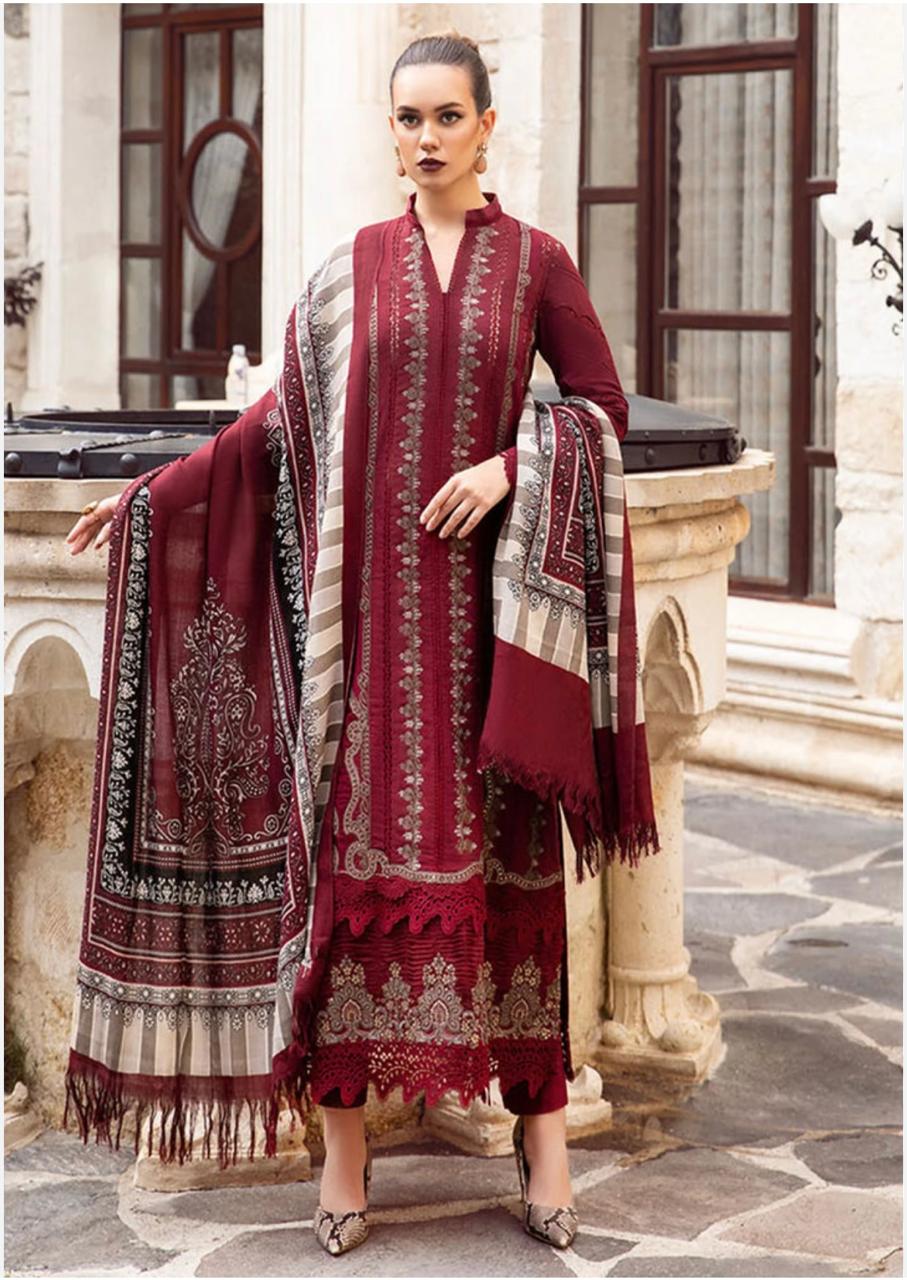 MARIA B MEHROON LUXURY PREMIUM PURE CHIKANKARI LAWN WITH KHAADI NET DUPPATA 2024 - Wearza