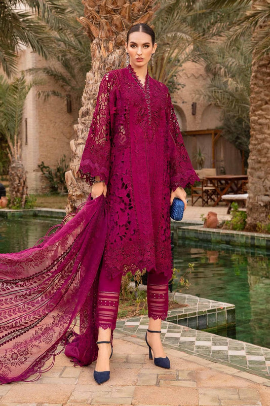 MARIA B NEW MEHROON 3D WORK LUXURY PREMIUM PURE CHIKANKARI LAWN WITH PURE ORGANZA DUPPATA 2024 - Wearza