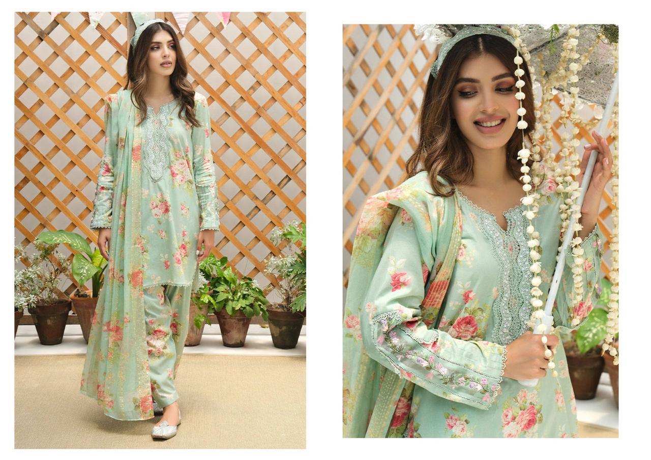 Farida Hassan X Wearza Aqua Floral Premium Swiss Lawn With Digital Printed Zari Organza Duppata 2024 - Wearza