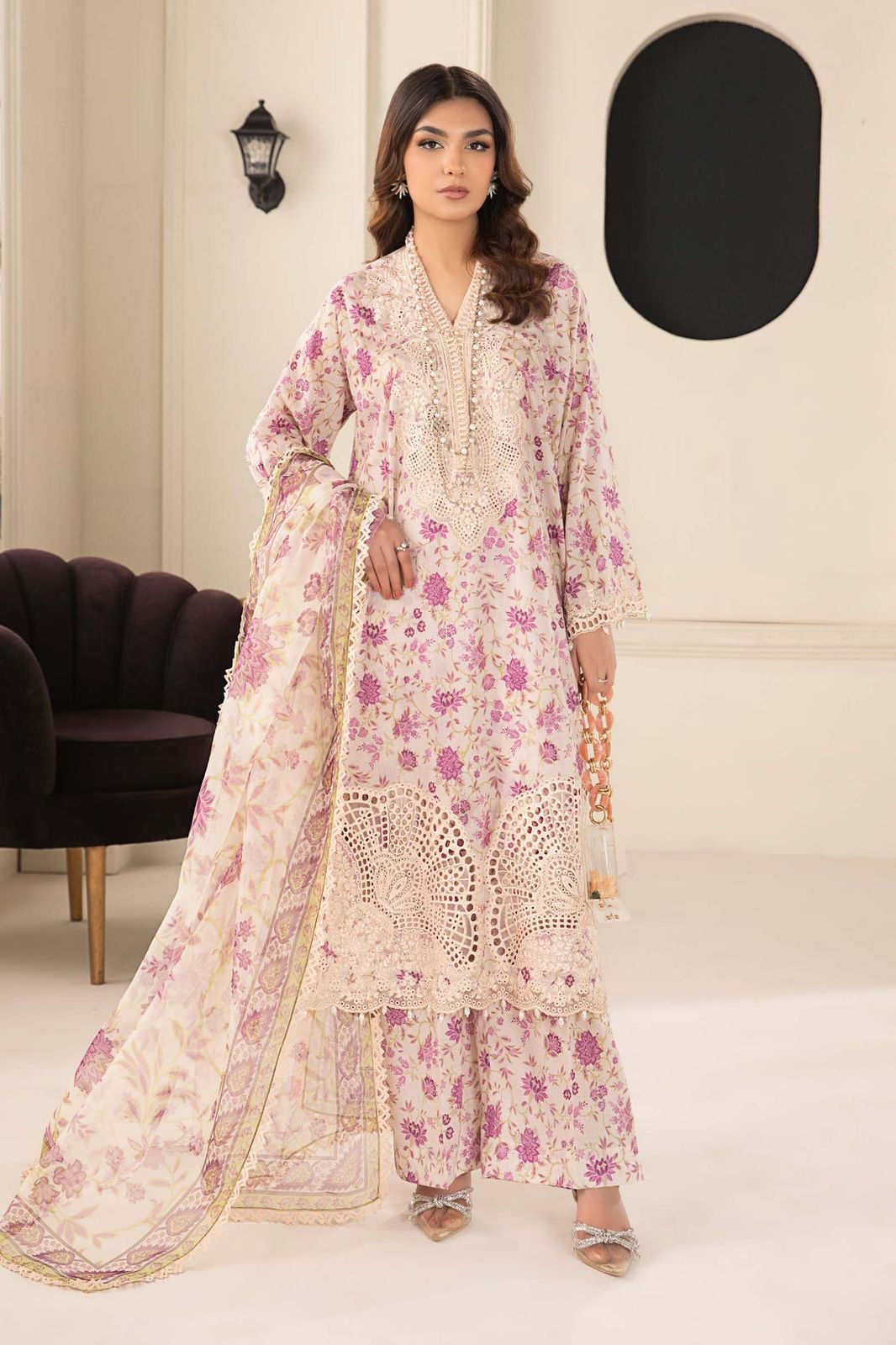 MARIA B X WEARZA PREMIUM PURE LAWN WITH DIGITAL PRINTED CHIFFON DUPPATA 2024 - Wearza