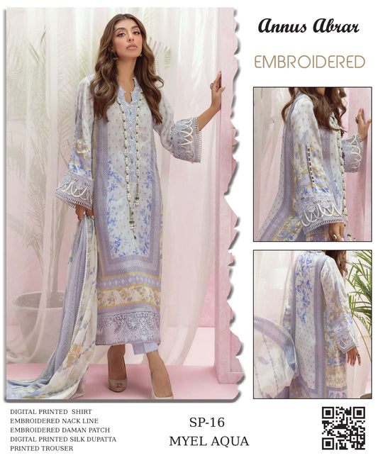 Anus Abrar Aqua Sea Premium Pure Digital Lawn With Digital Printed Silk Duppata 2024 - Wearza