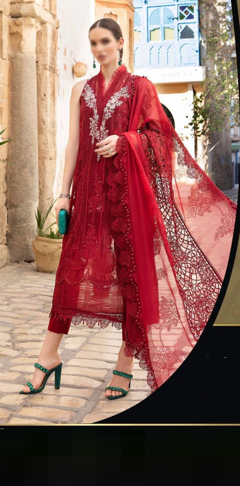 MARIA B LUXURY RED BEAUTY FULLY ORGANZA EMBROIDERED SPENGLE WORK WITH COTTON NET DUPPATA 2024 - Wearza