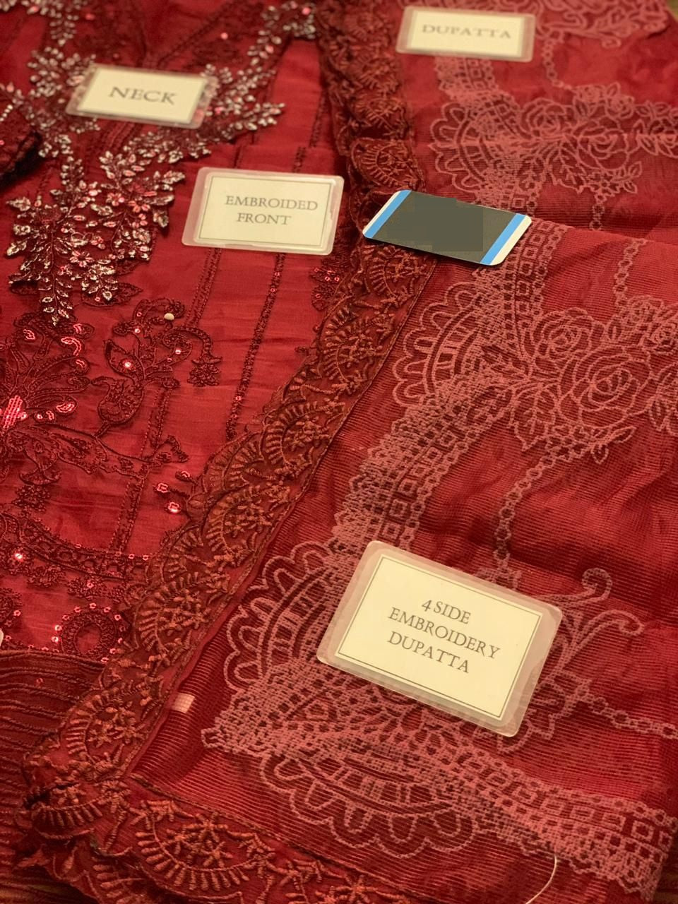 MARIA B LUXURY RED BEAUTY FULLY ORGANZA EMBROIDERED SPENGLE WORK WITH COTTON NET DUPPATA 2024 - Wearza