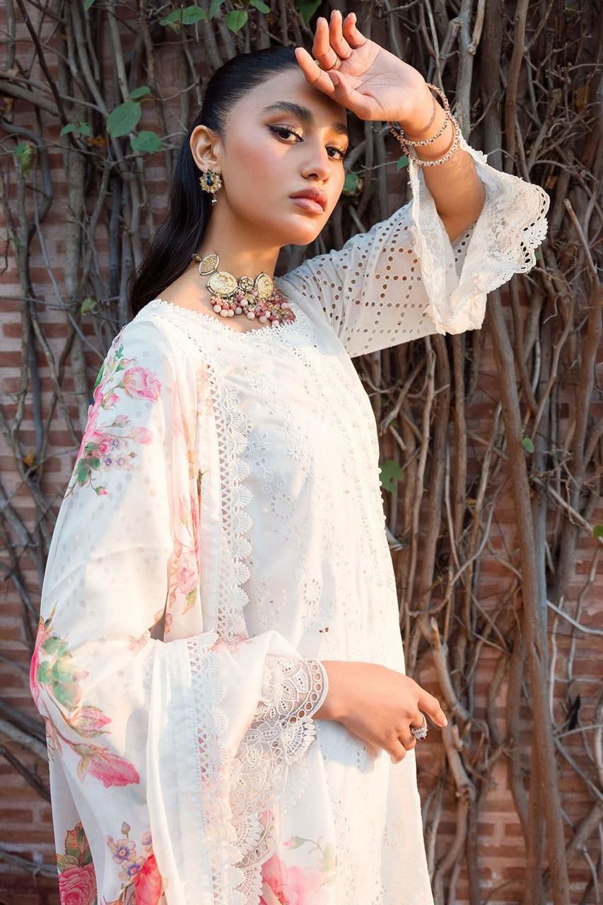 MOTIFZ PREMIUM PURE LAWN CHIKANKARI OFF WHITE MOST HOT ARTICLE WITH DIGITAL PRINTED SILK DUPATA 2024 - Wearza