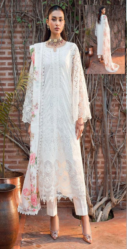 MOTIFZ PREMIUM PURE LAWN CHIKANKARI OFF WHITE MOST HOT ARTICLE WITH DIGITAL PRINTED SILK DUPATA 2024 - Wearza