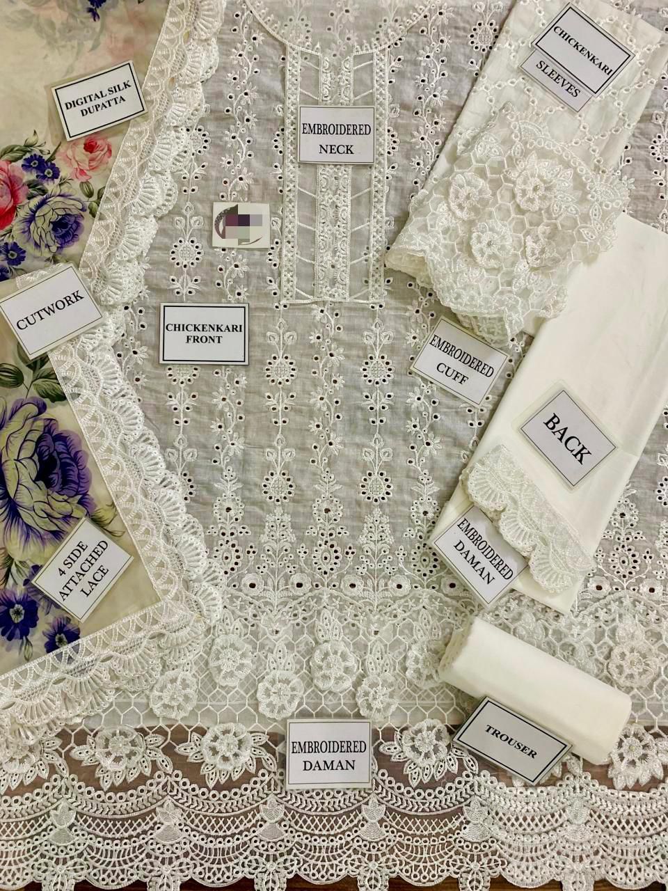 MOTIFZ PREMIUM PURE LAWN CHIKANKARI OFF WHITE MOST HOT ARTICLE WITH DIGITAL PRINTED SILK DUPATA 2024 - Wearza