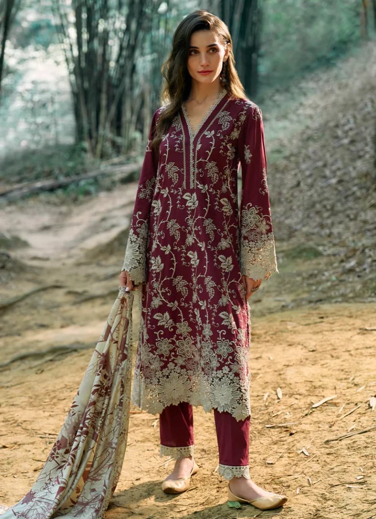 IMAGE X WEARZA MEHROON MOST DEMANDED PREMIUM PURE LAWN CHIKANKARI WITH BEAUTIFUL PURE SILK DUPPATA 2024 - Wearza