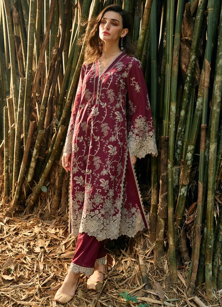 IMAGE X WEARZA MEHROON MOST DEMANDED PREMIUM PURE LAWN CHIKANKARI WITH BEAUTIFUL PURE SILK DUPPATA 2024 - Wearza