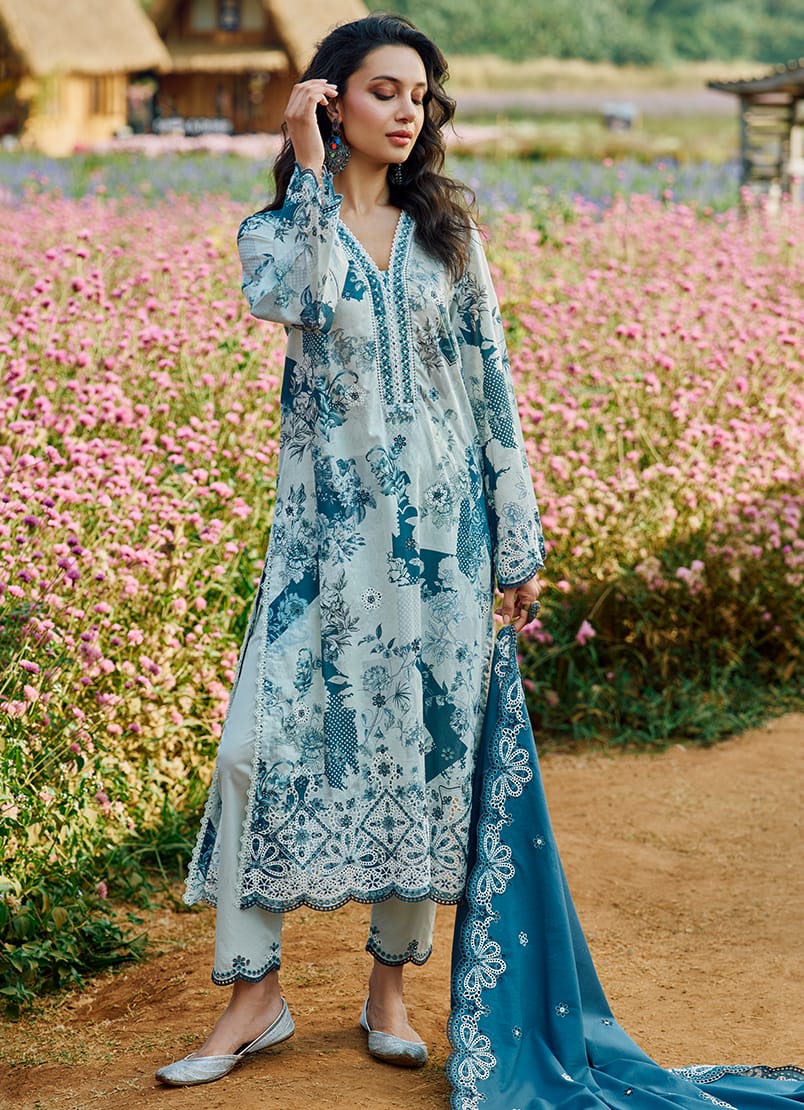 Image Samah X Wearza Digital Printed Embroidered Premium Pure Lawn With Cotton Net Duppata 2024 - Wearza