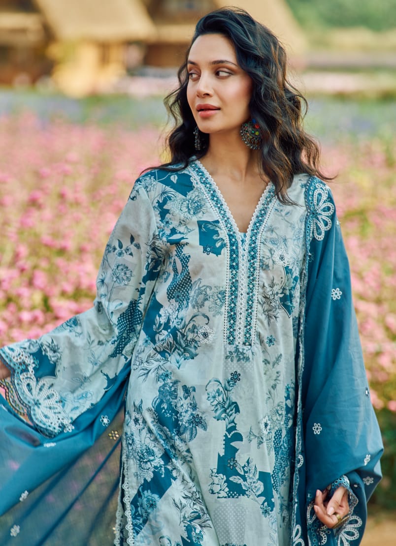 Image Samah X Wearza Digital Printed Embroidered Premium Pure Lawn With Cotton Net Duppata 2024 - Wearza