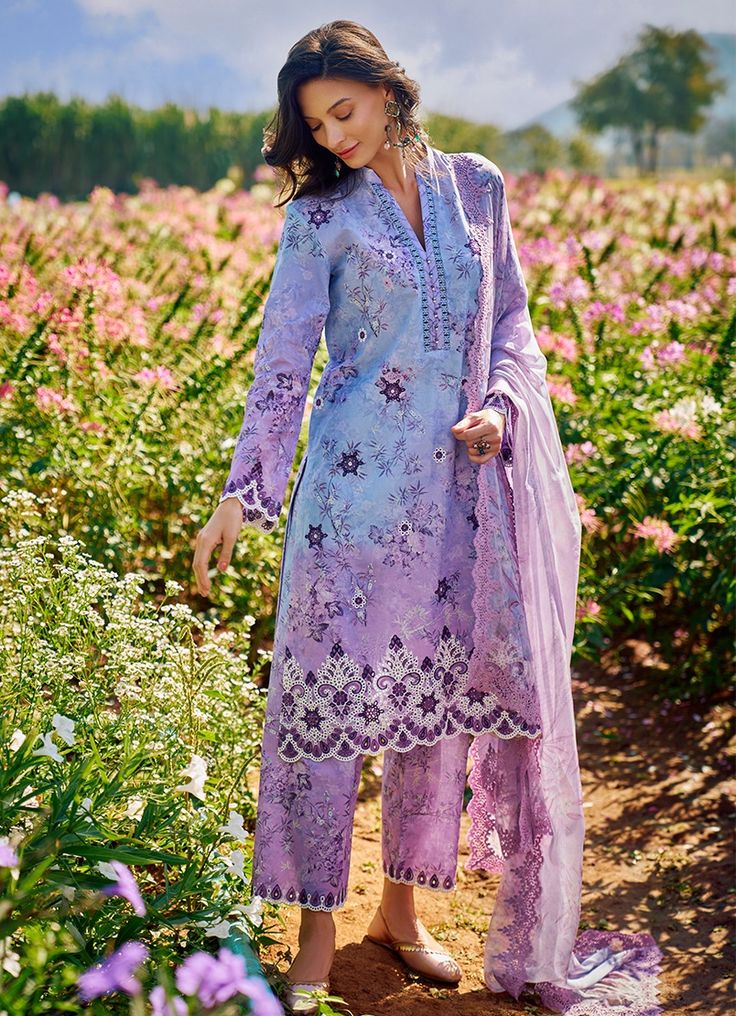 Image Aimah X Wearza Digital Printed Embroidered Premium Pure Lawn With Silk Duppata 2024 - Wearza