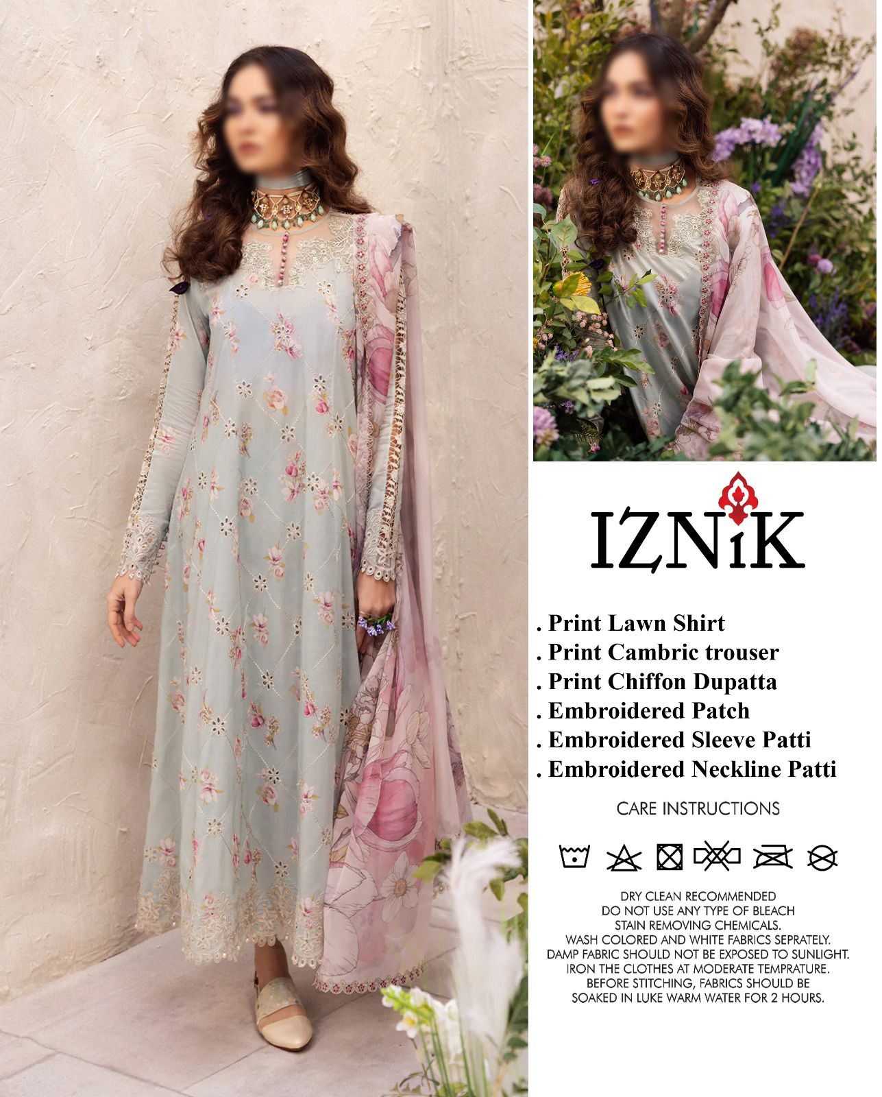 IZNIK W-01 PREMIUM PURE DIGITAL PRINTED EMB BUNCHES LAWN WITH CHIFFON DUPPATA 2024 - Wearza