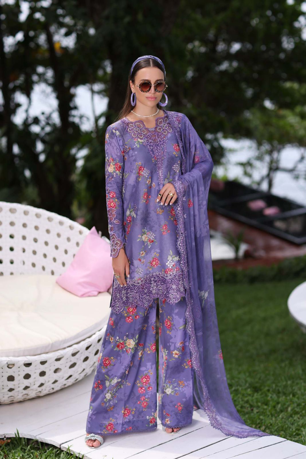 NOOR BY SADIA PREMIUM PURE DIGITAL PRINTED EMB BUNCHES LAWN WITH CHIFFON DUPPATA 2024 - Wearza