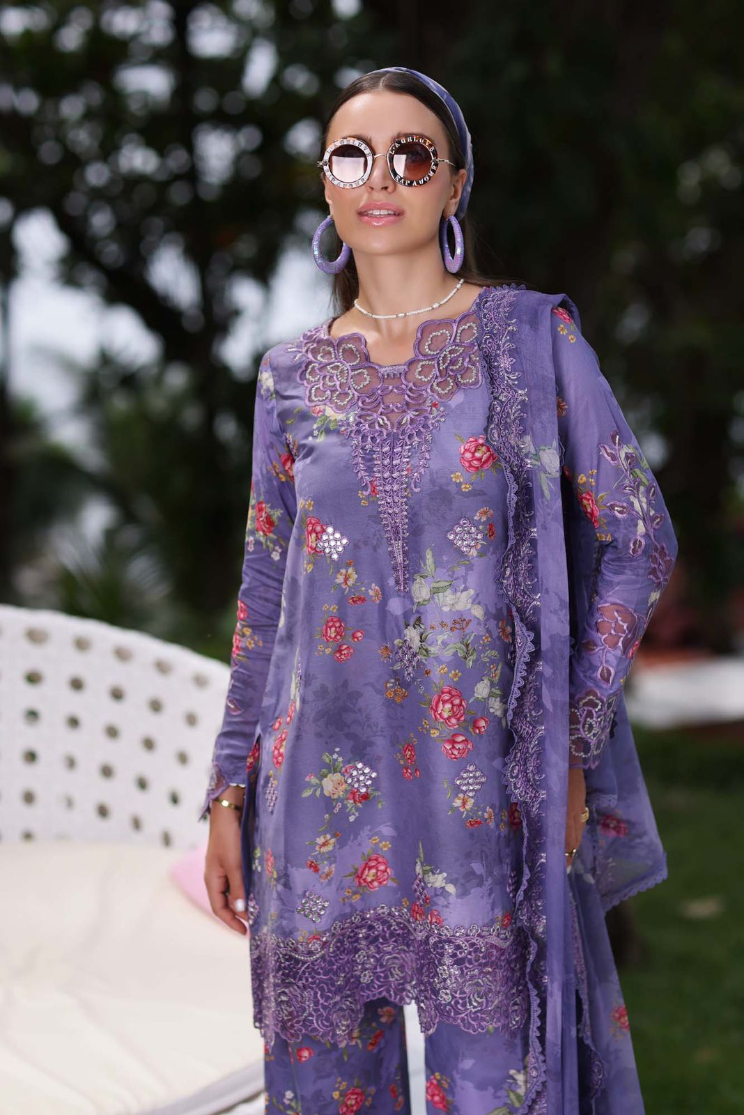 NOOR BY SADIA PREMIUM PURE DIGITAL PRINTED EMB BUNCHES LAWN WITH CHIFFON DUPPATA 2024 - Wearza